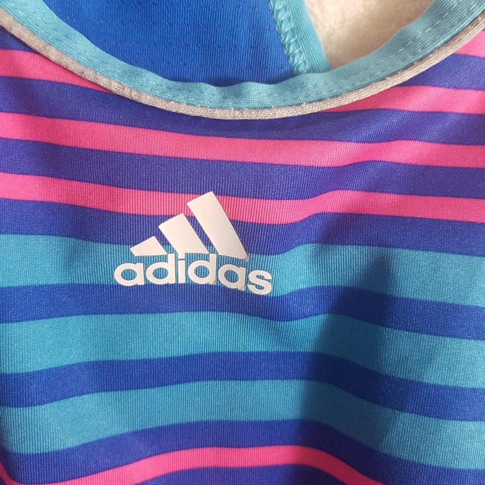 Adidas Climalite Striped Racerback Tank Top Womens Large Blue Pink Teal Athletic - Picture 4 of 4